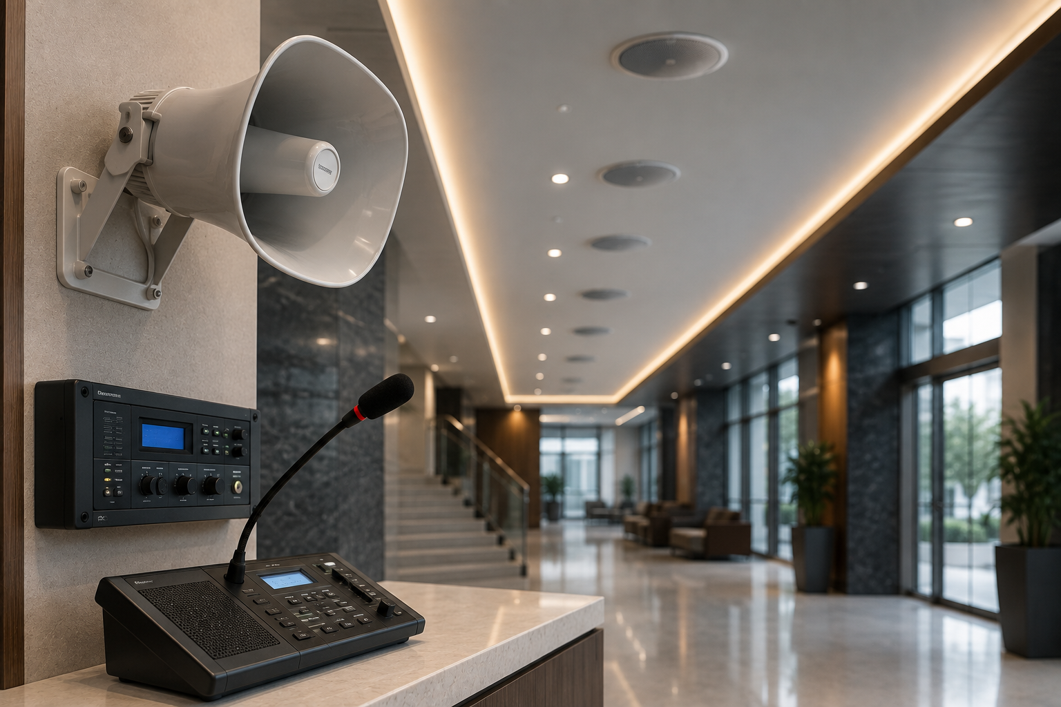 Public Address System horn speaker and paging microphone console